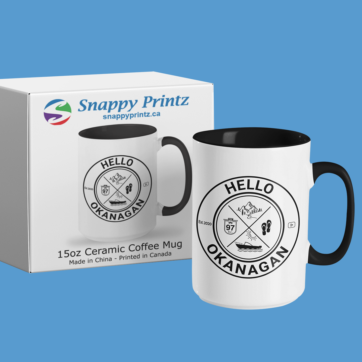 Hello Okanagan Adventure Black 15oz Coffee Mug