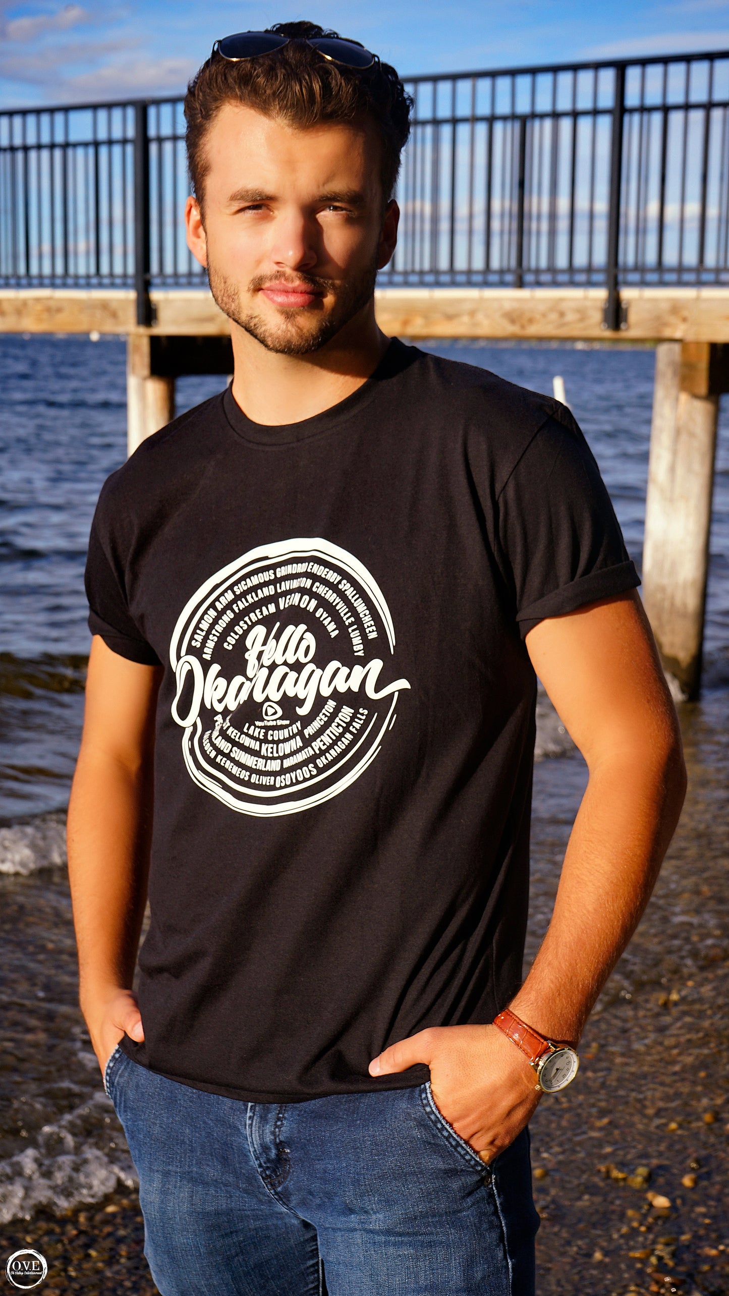 Hello Okanagan Towns White Logo Fitted Black Mens T-shirt