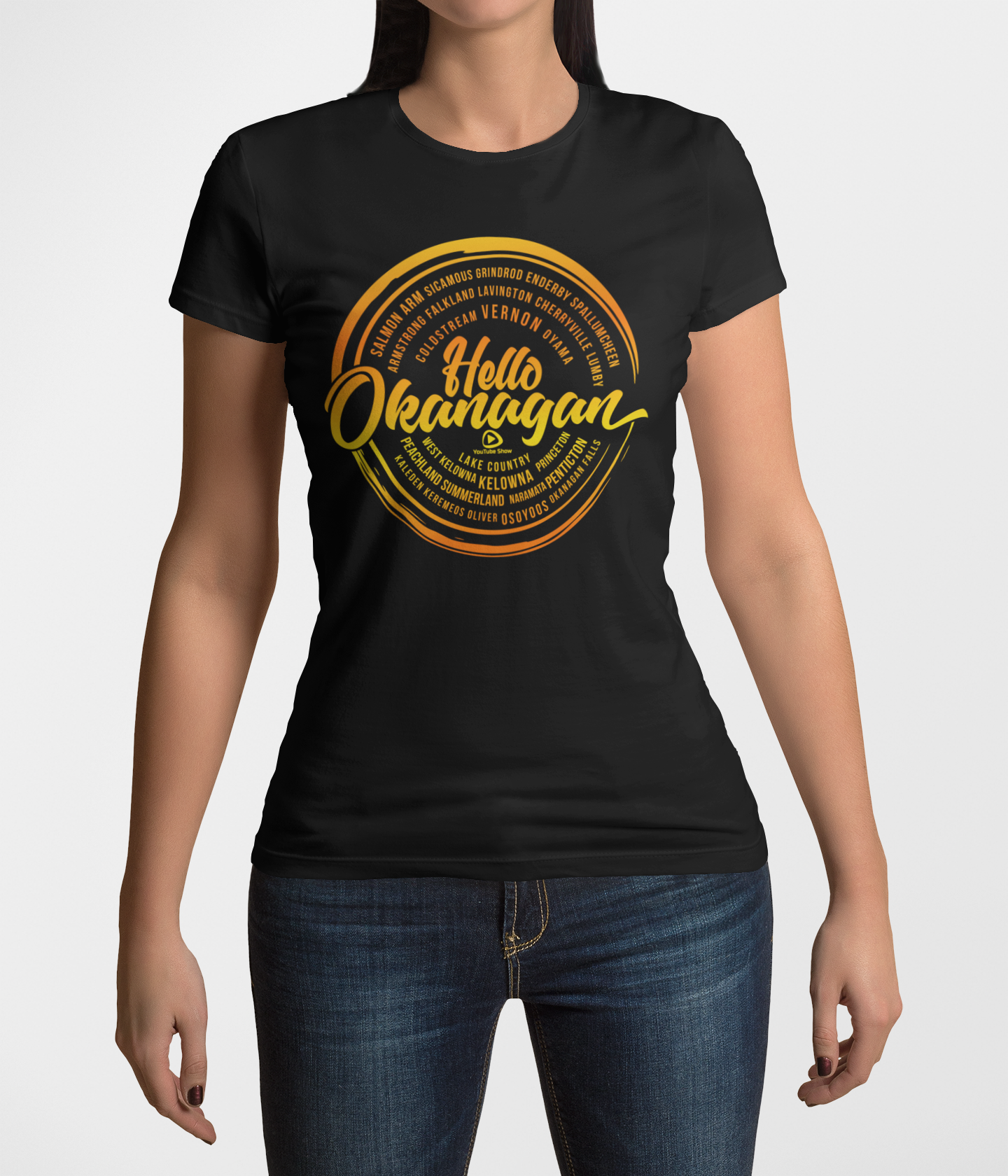Hello Okanagan Towns Sunset Fitted Black Ladies T-shirt