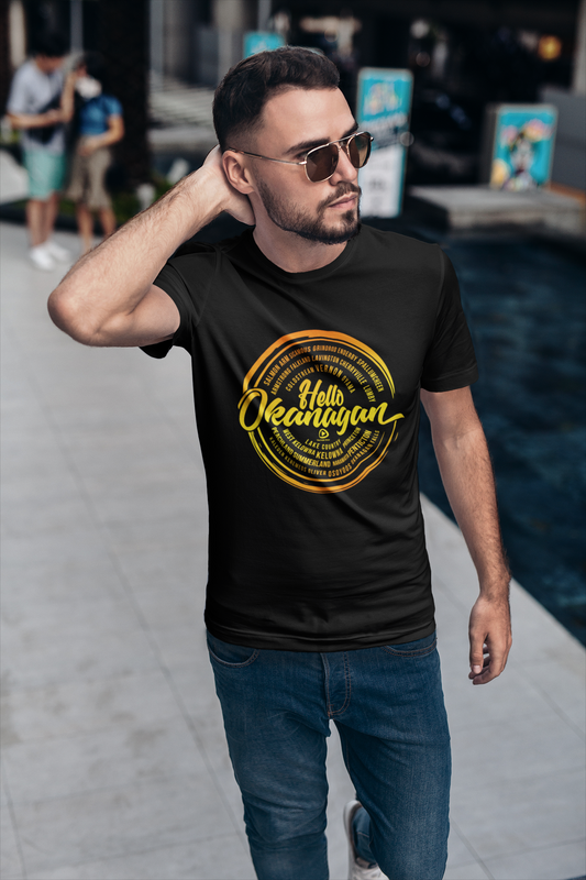 Hello Okanagan Towns Sunset Fitted Black Mens T-shirt