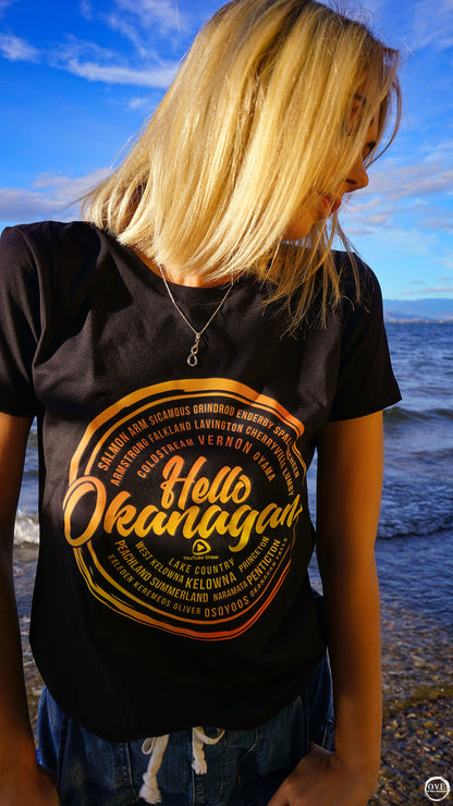 Hello Okanagan Towns Sunset Fitted Black Ladies T-shirt