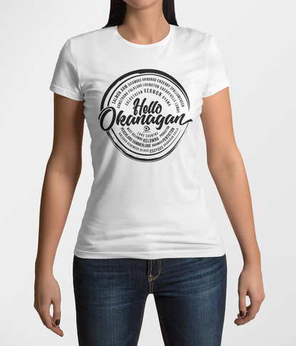 Hello Okanagan Towns Black Logo Fitted White Ladies T-shirt