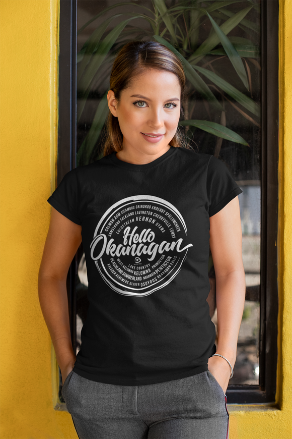 Hello Okanagan Towns White Logo Fitted Black Ladies T-shirt